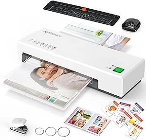 Laminator, 9" Thermal Laminator Machine for A4, A5, A6, Hot & Cold Laminating Machine with 20 Pouches, Paper Trimmer, Corner Rounder, Hole Puncher, Iron Ring, White