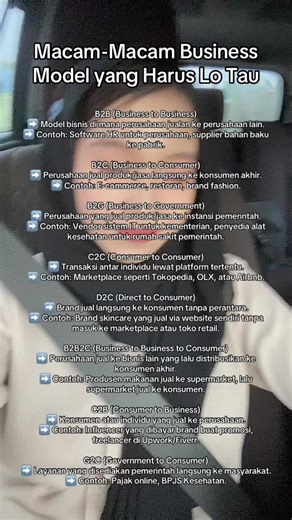 Macam-Macam Business Model yang Harus Lo Tau B2B (Business to Business) ➡️ Model bisnis di mana perusahaan jualan ke perusahaan lain. ➡️ Contoh: Software HR untuk perusahaan, supplier bahan baku ke pabrik. B2C (Business to Consumer) ➡️ Perusahaan jual produk/jasa langsung ke konsumen akhir. ➡️ Contoh: E-commerce, restoran, brand fashion. B2G (Business to Government) ➡️ Perusahaan yang jual produk/jasa ke instansi pemerintah. ➡️ Contoh: Vendor sistem IT untuk kementerian, penyedia alat kesehatan 