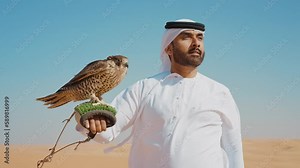 Falconer training his falcon bird in the desert of Dubai. Locals spending time on the dunes in Sharjah. Concept about traveling in the united arab emirates