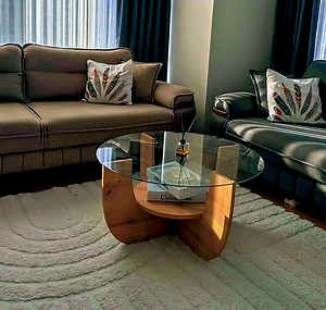 Modern Wooden Round Glass Coffee Table, Unbreakable Tempered Glass - Etsy UK