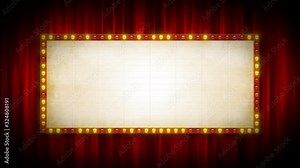 Broadway Cinema Background With Marquee Sign And Red Curtains/ 4k animation of a cinema or broadway theater background with marquee sign and red curtains