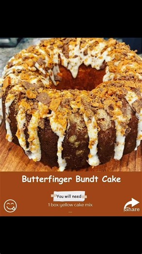 Butterfinger Bundt Cake Ingredients: Cake 1 box yellow cake mix 1 (3.4-oz) pkg vanilla instant pudding 4 large eggs 1 cup water ⅓ cup vegetable oil 2 tsp vanilla extract 4 (1.9-oz) Butterfingers candy bars, finely crushed Frosting ½ cup butter softened 3 cups powdered sugar 1 tsp vanilla extract 2 Tbsp milk Instructions: Preheat oven to 350ºF. Grease and flour 10-inch Bundt pan. Set aside. Combine cake mix, pudding mix, eggs, water, oil and vanilla in large bowl. Beat at medium speed with electr