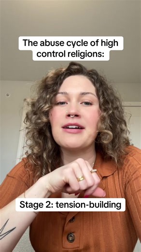 Disclaimer: not all religions are high control and not all religious experiences are abusive or traumatic! Religion is not abusive by nature, but the experiences, behaviors and beliefs can be. ‌ The tension building phase happens in abusive relationships- both personal or systemic like in a high control church or religious group. ‌ This is where you’ll receive less patience and grace for not living in accordance with the group’s expectations. There will be reminders of god’s holiness and how you