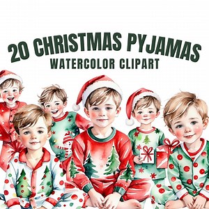20 Cute Boy in Christmas Themed Pyjamas Watercolor Clipart, Transparent PNG, Commercial Use, Xmas Clipart, Christmas Pyjamas Art - Etsy
