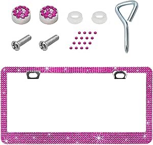 povtii Car License Plate Frame, Sparkling Stainless Steel Auto License Plate Frame with Rhinestones, Bling Diamond License Plate Holder, Universal Exterior Car Accessories (Pink)