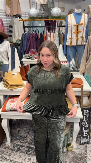 1.8K views · 43 reactions | This 2 pc set is the cutest for Thanksgiving or Christmas! We are loving the crush velvet, but especially that stretchy waistband! Which will be so comfy for dinners coming up! It comes S-L! It is on the website or in store now! | The Turquoise Junkie | Facebook