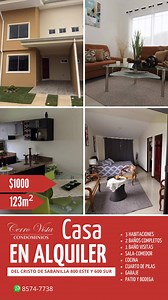 ¡Se alquila casa en Condominios Cerro Vista – Etapa A! Hermosa casa de 3 niveles con 123 m² de construcción, ubicada en San Rafael de Montes de Oca, a 800 metros este y 200 sur del Cristo de Sabanilla. Distribución: ✅ Primer nivel: Sala, comedor, cocina, cuarto de pilas, baño de visitas, bodega, patio y garaje bajo techo para 1 vehículo (más espacio en huella para otro). ✅ Segundo nivel: 2 habitaciones y 1 baño completo. ✅ Tercer nivel: Amplia habitación principal de 32 m² con walk-in closet y b