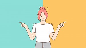 Choice problem, dilemma, doubt concept. 3d graphic video portrait of young pensive thoughtful confused woman cartoon character choosing between two ways pointing in other sides motion design footage.