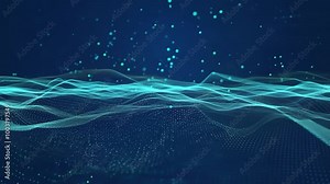 Abstract animation of a digital waveform evolving on a blue background. The waveform is made up of thousands of tiny particles that flow and move Stock Video