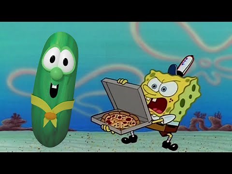 Larry the cucumber trying to get a pizza from Spongebob