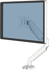Fellowes Platinum Series Single Monitor Arm for 40-Inch Monitors, Full Motion, 360° Rotation, VESA Mount with Grommet or Clamp, USB Ports, Ergonomic, White, 8056201