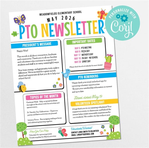 May PTO Newsletter Template, Spring Summer Theme Editable School Flyer, May PTA Newsletter (corjl Template, 8.5x11 Inches) - Etsy