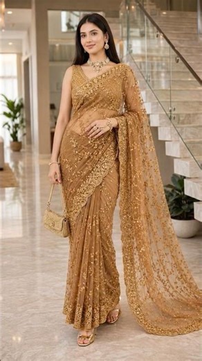 Golden Glam Saree Look for Wedding & Festive Vibes 💫 #fashion #shorts #fyp #sareelove #ethnicwear