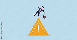 4k Mistake caution animation, business risk or problem warning, cautious businessman slip falling on exclamation symbol beware, careful caution sign.