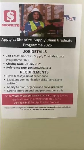 Shoprite is hiring!Apply now for the Supply Chain Programme 👉 Apply via www.wearewinners.co.za