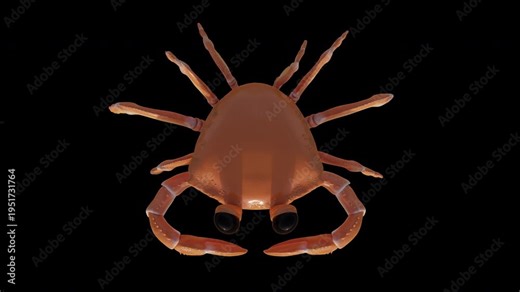 3D Orange Crab Walking AnimationTop View Alpha Channel. High-quality 3D animation of an orange crab entering from the left, pausing in the center with claw and eye movements, and exiting to the right.