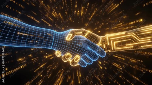 Smart Contract Handshake between Blue Digital Human and Golden AI Robot. Cyber Security Business Deal with Binary Code Burst