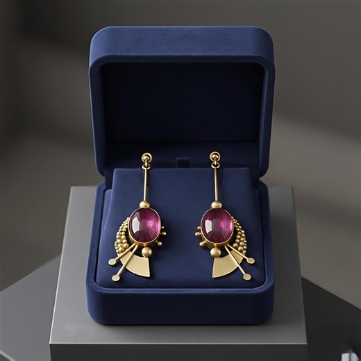 Handmade Brass Gold Plated Pink Ruby Drop Earrings Art Deco Geometric Statement Jewelry Gift - Etsy
