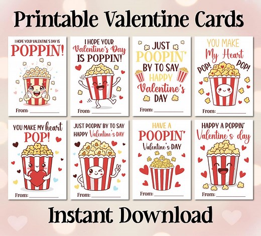 Popcorn Valentine Cards Printable, Funny Puns Classroom Valentines for Kids, Instant Download - Etsy
