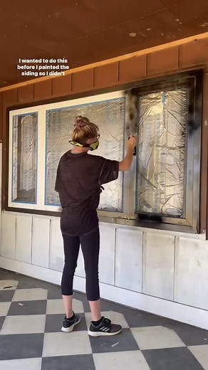 83K views · 982 reactions | BRB painting all my window frames black now ‍♀️ This is the first time I’ve used Behr spray paint and I’m definitely impressed…it sprays and covers like a dream 奈 Now I need to add new trim to the window and actually choose a paint color 﫣 #paintedwindows #blackwindows #spraypainted #behrpaint #porchmakeover #exteriorrenovation #currentproject #paintitblack #frontporchproject #beforeandafterhome #todayletspaint | Build It Thrifty | Facebook