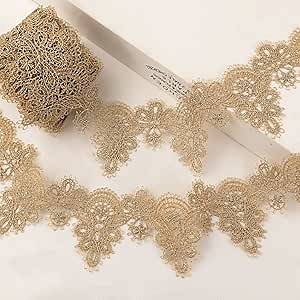 Gold Lace Trim 4.8 Yards Venice Gold Ribbon Metaillic Embroidery Lace for Sewing, Cake Fringe, Wedding Bridal Dress