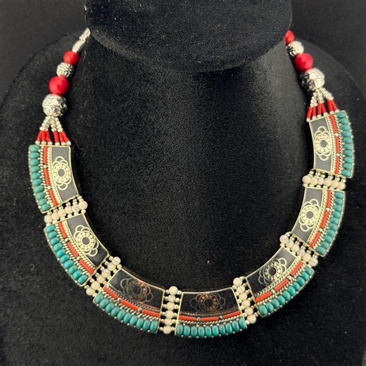 Classic Handmade Black Howlite Turquoise Coral Choker: Tibetan Silver Plated Boho Necklace - Etsy
