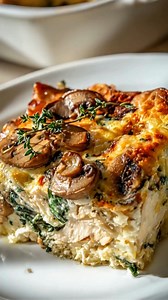 🍗🍄🌿 Creamy Cottage Cheese Chicken, Mushroom & Spinach Casserole 🌿🍄🍗 Ingredients 2 cups cooked chicken, shredded 1 cup cottage cheese 8 oz mushrooms, sliced 2 cups baby spinach, roughly chopped 1/2 cup shredded mozzarella cheese 1 small onion, diced 1 tbsp olive oil Salt and pepper, to taste Instructions Preheat & Sauté Preheat your oven to 375°F (190°C). Heat olive oil in a skillet over medium heat. Add the diced onion and cook for 3–4 minutes until soft and fragrant. Cook the Mushrooms Ad
