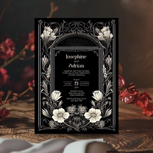 Gothic Art Nouveau Wedding Invitation - Black and Cream Ornate Floral Arch Design - Instant Download, 5x7, Editable Template - Etsy