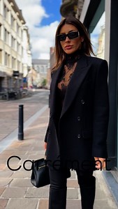 “All black, all power. 🖤 #StreetStyle” Dm to order 📦 Dress 1950 euro Legging 595 euro Boots 1450 euro Blazer 2750 euro Bag 2950 euro | Carrément