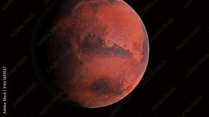 Mars planet solar system. Animation approaching in red planet Mars in outer space background with stars. Space and Galaxy background.