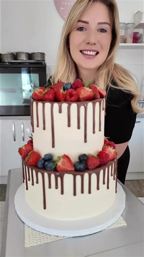 Two-Tier Summer Cake with Chocolate Drip and Berries