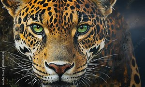 Close-Up Portrait of a Majestic Leopard with Striking Green Eyes Against a Natural Background, Capturing the Beauty and Detail of Wild Feline in Its Habitat