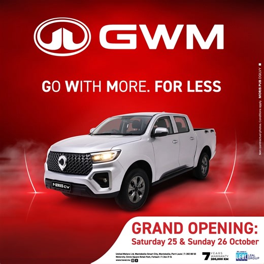 🎉 𝗚𝗪𝗠 𝗗𝗜𝗦𝗖𝗢𝗨𝗡𝗧 𝗔𝗟𝗘𝗥𝗧! 𝐆𝐎 𝐖𝐈𝐓𝐇 𝐌𝐎𝐑𝐄. 𝐅𝐎𝐑 𝐋𝐄𝐒𝐒. 🚗💨 Unbeatable offers on the 𝗚𝗪𝗠 𝗣-Series CV — from 25th to 31st October only! Built for strength, performance, and reliability, it’s the perfect time to drive home your GWM P-Series CV. 📍 Montebello – 202 8850 📍 Forbach – 244 3116 #GWM #GrandOpening #Mauritius #CarDeals #GoWithMoreForLess #PSeriesCV | GWM Maurice
