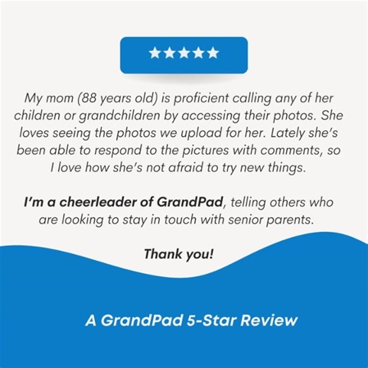 We love our GrandPad cheerleaders! Excited to see another 5-star review! ⭐⭐⭐⭐⭐ #grandpad #tablet #senior #seniorliving #seniorcare #caregiver #tuesdaytestimonial | GrandPad