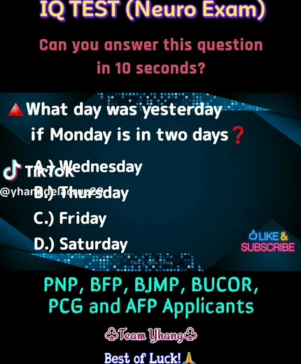 IQ TEST APTITUDE TEST MENTAL ABILITY TEST NEURO PSYCHIATRIC AND PSYCHOLOGICAL EXAMINATION FOR PNP, BFP, BFP, BUCOR, AFP AND PCG APPLICANTS #yhangdelacruz #teamyhang #bucor #iqtestquestion #bjmp #bfp #navy #aptitudetest #IQtest #iqtestquestion #neuropsychiatricexam #psychologicalexam #psychologicalexam #IQtest #iqtestquestion #neuropsychiatricexam #fyppppppppppppppppppppppp #yhangdelacruz29 #yhangdelacruzreviewer #fyp #foryou #mentalabilitytest #iqtest #neuro #neuroexam