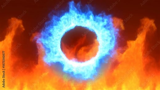 Blue flame ring in fiery transformation: mesmerizing circular fire motion and shift