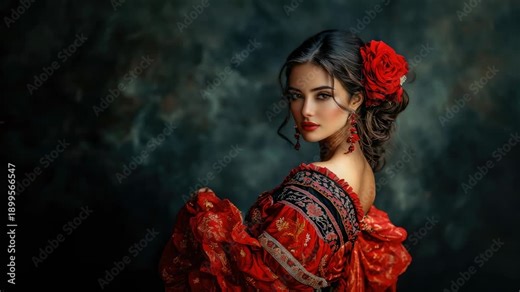spanish woman in traditional red dress dancing flamenco on dark background, hispanic heritage, national dance, young beautiful latin american brunette girl, spain, culture, female portrait, dancer