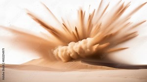 Dramatic explosion in a desert setting, capturing a powerful sand blast. The dynamic composition features sand particles bursting outward against a clear sky.