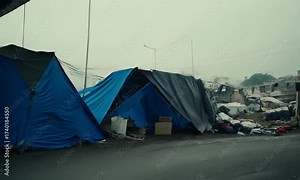 tent help charity shelters abuse sad mental survival society trash crisis sick beg giving dirty overpass poor drug made disease city tramp social homeless stock handling shelter tarps money Stock Video