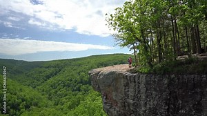 Tourist visitors family taking selfie picture at Whitaker Point rock cliff hiking trail, landscape view, Ozark mountains, nwa northwest arkansas