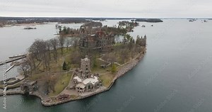 Boldt Castle, Heart Island, New York, near the Village of Alexandria Bay, NY. Winter video of the historic castle owned by the Thousand Island Bridge Authority, on the St Lawrence River. 02-11-2024
