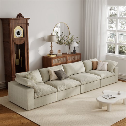 The Magic Home 157" Sofa Couch, Cloud Modular Sectional Sofa, Modern Linen Deep Comfy Couches for Living Room, Apartment, Office, Washable Replaceable Covers, 4 Seater Khaki Couch