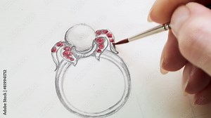 The work of a jeweler-designer. A jewelry designer develops sketches of jewelry. Design studio. Creative ideas.