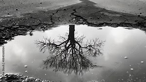 The fragmented reflection of a tree in a puddle producing an almost kaleidoscopic effect. Black and white art