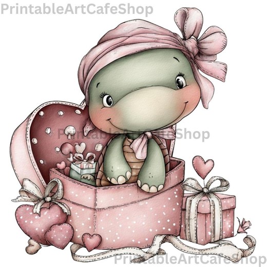 Whimsical Valentine Turtle Clipart Watercolor PNG Transparent Romantic Printable Bundle - Etsy