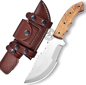 Handmade Stainless Steel Tracker Hunting Knife with Sheath & Olive Wood Handle, Outdoor Knife, Camping Stainless Steel Fixed Blade Hunting Knives for Men, Horizontal Carry Sheath, Bushcraft Outdoor Survival Knife (Olive Wood)