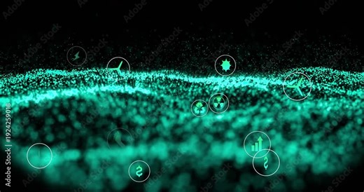 Teal particle sea forming waves, emitting floating icons rising, grouping, visualizing energy data