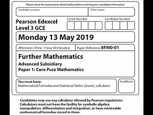 AS Core Pure 2019 Pearson Edexcel Further maths