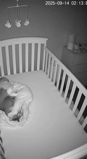 Cat Comforts Baby in Crib: Night Vision Footage