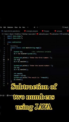 Subtraction of two numbers using JAVA. #youtubeshorts #coding #viralvideo #trending #javacoding
